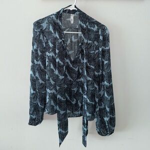 Mango Light Blue and Black Paisley Tie-Neck Blouse